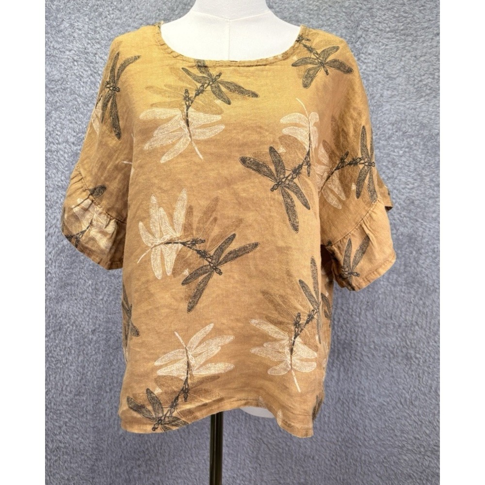 Elena Baldi Women M Brown Linen Top Ruffle Dragonfly Italy Lagenlook PulloVER